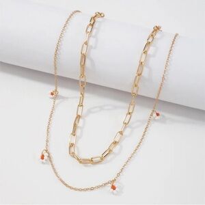 Beautiful Gold Color Chain Necklace with Orange & White Flower Accents